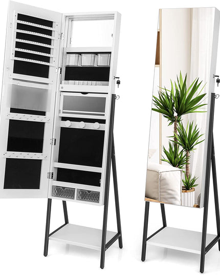 CHARMAID LED Strip Jewelry Armoire with 47.2"H Full Length Mirror, Lockable Jewelry Cabinet Organizer