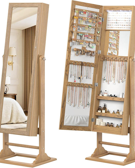 CHARMAID Jewelry Armoire with Full Length Mirror, Lockable Jewelry Cabinet with Large Jewelry Storage, 6 LED Lights, Inner Makeup Mirror