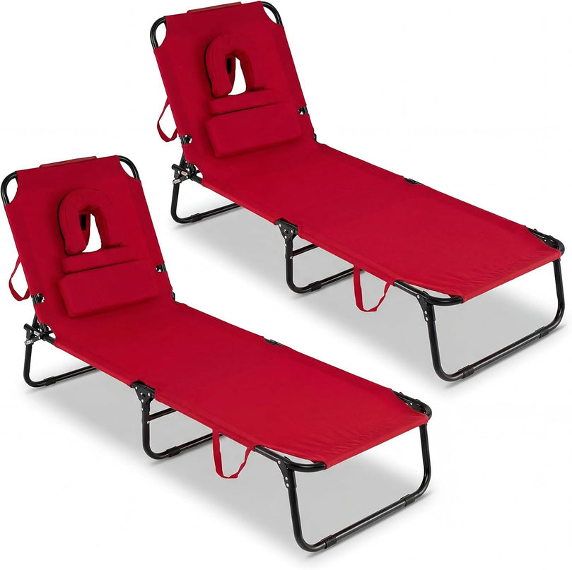 Giantex Folding Beach Tanning Chair - Adjustable Patio Lounge Chair w/Face Hole