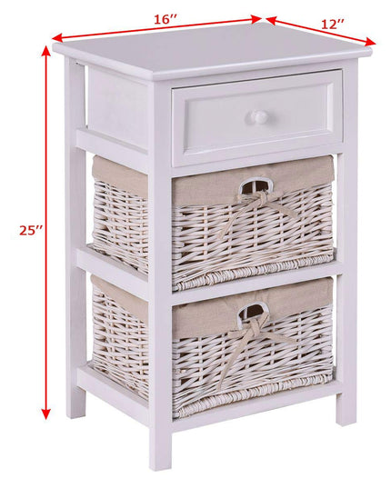 Giantex Wooden Nightstand 3 Tiers W/ 2 Baskets and 1 Drawer Bedside Sofa Storage Organizer