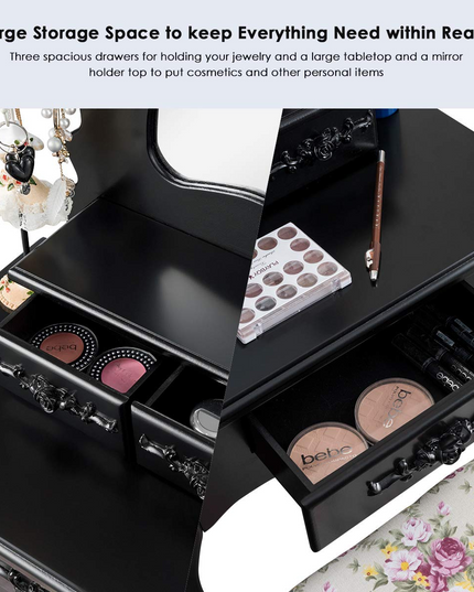 Vanity Set with 3 Drawers and Cushioned Stool