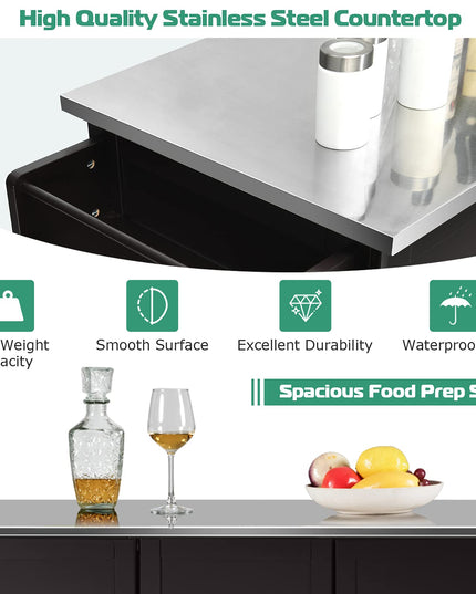 Giantex Kitchen Island with Stainless Steel Countertop, Dark Brown