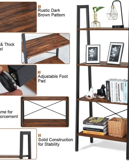 Ladder Shelf 4-Tier Industrial Bookshelf Storage Rack - Giantexus