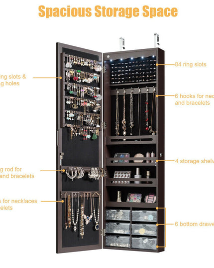 CHARMAID | 5 LEDs Jewelry Armoire Wall Mounted/Door Hanging Mirror - Giantexus