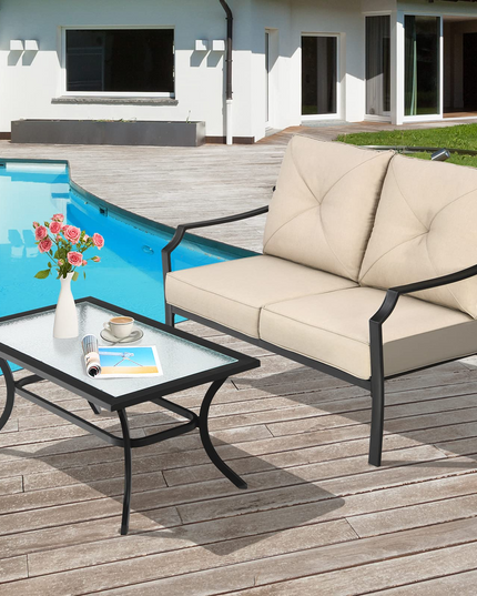 Giantex 2 Pcs Patio Loveseat Set, 2 Seat Bench Sofa with Coffee Table(Beige)