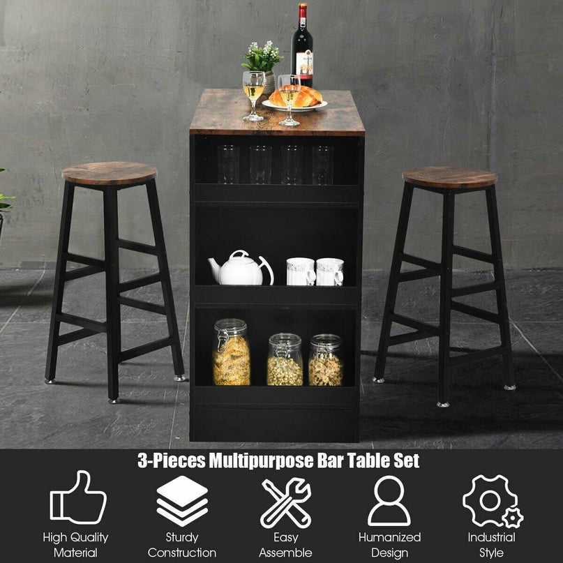3 Piece Pub Dining Set, Wooden Counter Height Table Set with 2 Bar Stools (Brown) - Giantexus