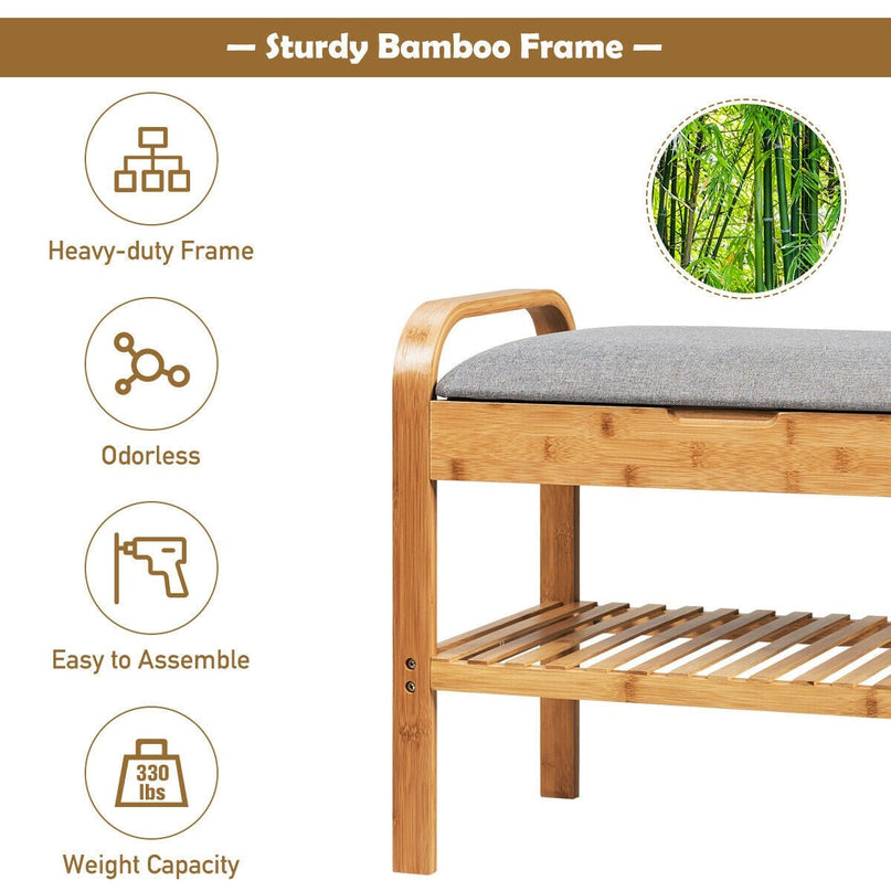 Giantex Shoe Rack Bench with Storage, Bamboo Storage Bench with Cushioned Seat, Holds Up to 330 LBS