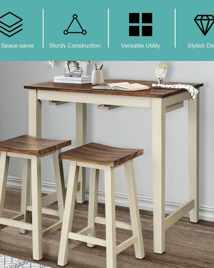 3 Piece Pub Dining Set, Counter Height Pub Table with 2 Saddle Bar Stools, Tavern Collection Table (Brown & Milky White) - Giantexus