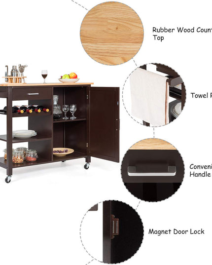 Giantex Kitchen Island Cart Rolling Serving Cart Wood Trolley, Brown