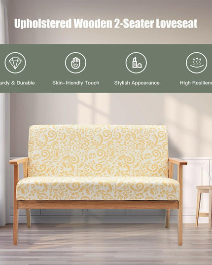 Giantex Mid-Century Wooden Loveseat, Upholstered Wooden Lounge Accent Chair - Giantexus