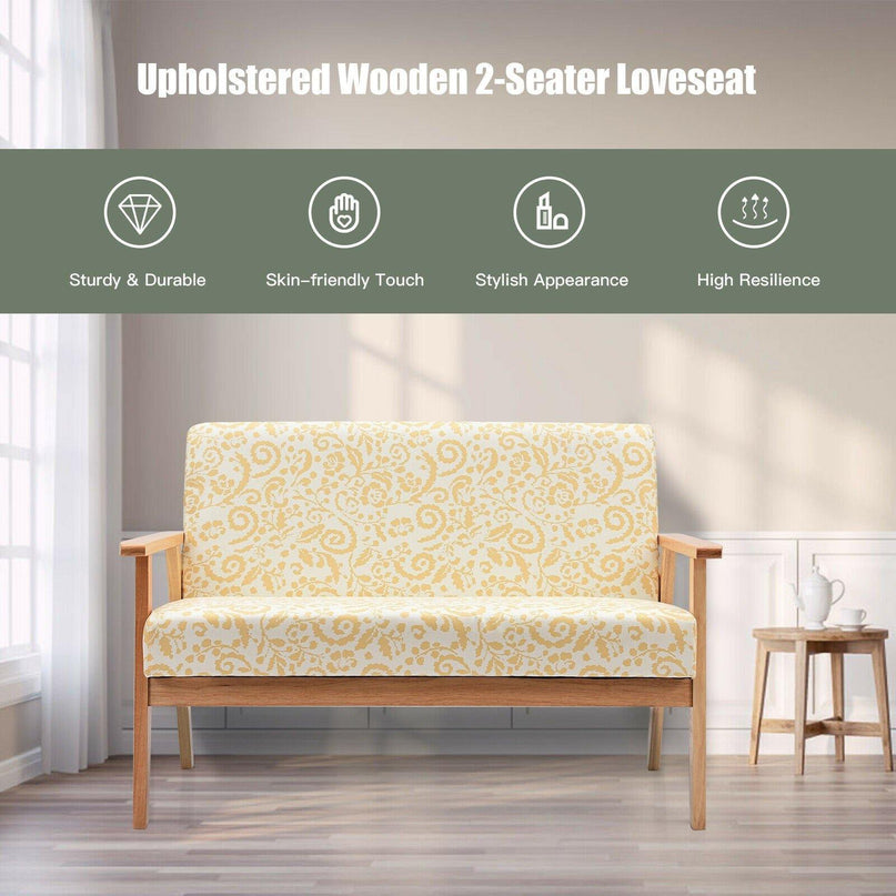 Giantex Mid-Century Wooden Loveseat, Upholstered Wooden Lounge Accent Chair - Giantexus