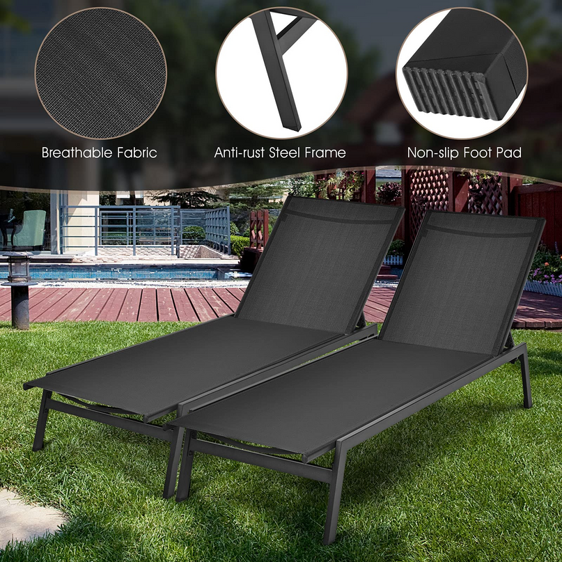Giantex Chaise Lounge Chair Patio Chaise Lounger with 6-Postion Adjustable Backrest and Breathable Fabric
