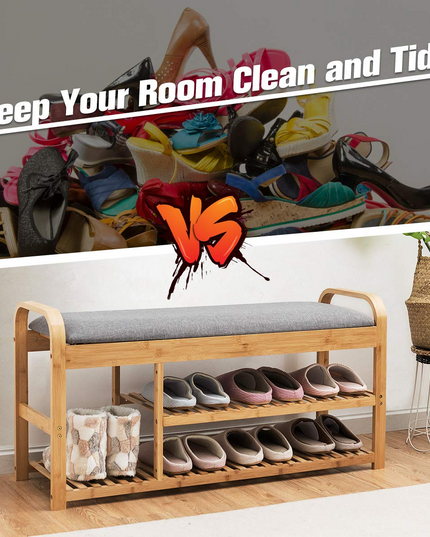 Giantex Shoe Rack Bench, Entryway 3-Tier Bamboo Shoe Organizer with Cushion (Natural and Grey)