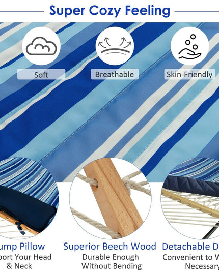 12Ft Hammock with Stand, 2 Person Heavy-Duty Steel Hammock Stand, 450 lbs Capacity (Blue and Beige Striped) - Giantexus