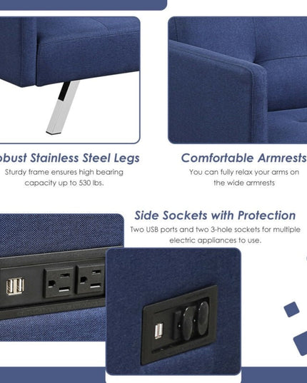 Convertible Futon Sofa, Modern 3 Seat Sofa Bed with USB and Power Strip