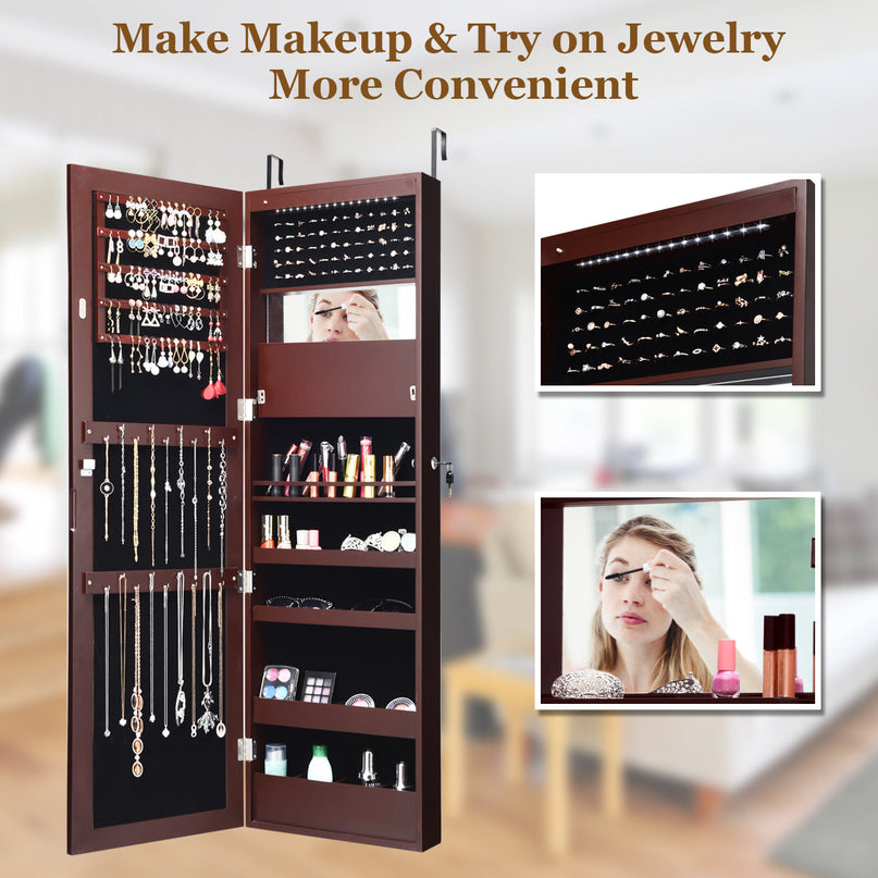 15 LEDs Wall Door Mounted Jewelry Armoire with Mirror - Giantex