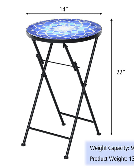 Giantex Folding Mosaic Patio Table, 14'' Outdoor Side Table Round Accent Table Plant Stand with Ceramic Tile Top