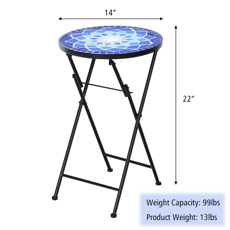 Giantex Folding Mosaic Patio Table, 14'' Outdoor Side Table Round Accent Table Plant Stand with Ceramic Tile Top