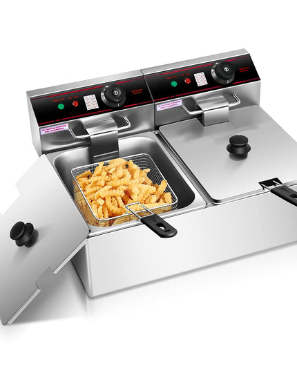 Giantex 3400W Commercial Deep Fryer Dual Tank, 12.8QT Stainless Steel Electric Deep Fryer with 2 Baskets