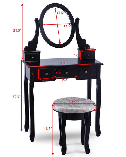 Giantex  Round 360 Degree Rotation Swivel Mirror Dressing Table Stool Wooden Vanity Set (Black with 5 Drawer)