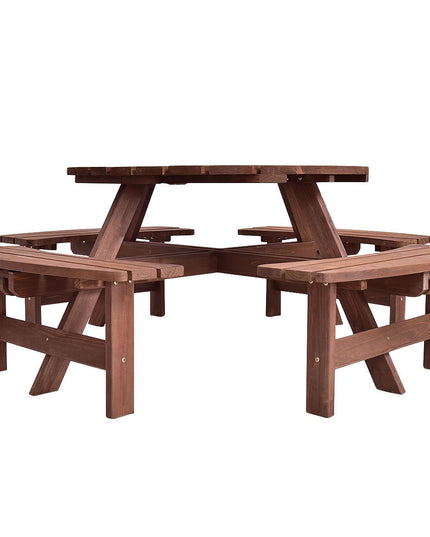 Giantex Wooden Picnic Table Set with Wood Bench, 4 Adults or 8 Kids Outdoor Round Table with Umbrella Hold Design