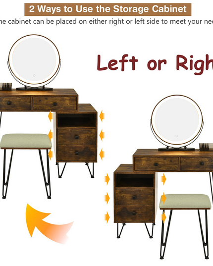 CHARMAID Vanity Set with 3 Colors Lighted Mirror, Left or Right Side Cabinet