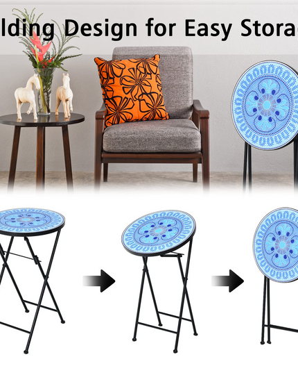 Giantex Folding Mosaic Patio Table, 14'' Outdoor Side Table Round Accent Table Plant Stand with Ceramic Tile Top