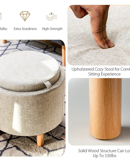 Giantex Round Storage Ottoman with Tray, Accent Storage Footstool w/ Soft Padding