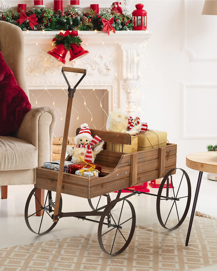 Giantex Decorative Garden Planter, Small Wagon Cart with Metal Wheels, Wood Raised Beds Plant Pot Stand for Backyard Garden Patio 24.5"x13.5"x24"