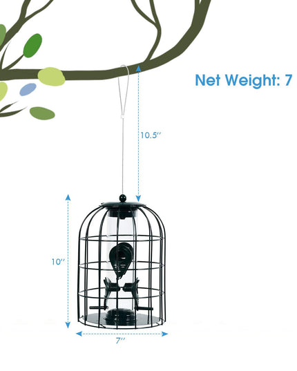 Giantex Metal Hanging Bird Feeder, Outdoor Squirrel-Proof Bird Feeder Cage with 4 Feeding Ports, Transparent PC Tube