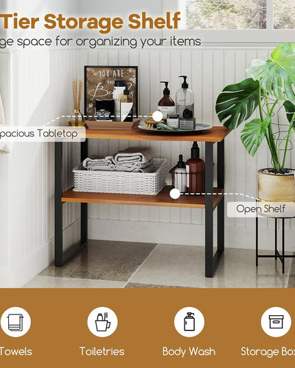 Giantex Bathroom Storage Shelf with Waterproof Finish, 2-Tier Teak Wood Bookshelf