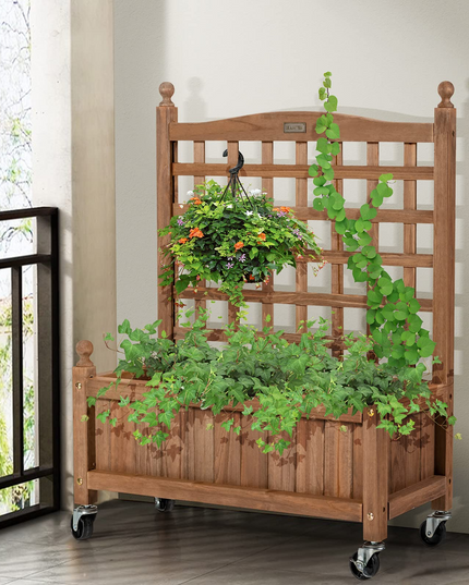 Wood Planter with Lattice Trellis and Wheels, 25'' x 11'' x 32.5'' (L x W x H)