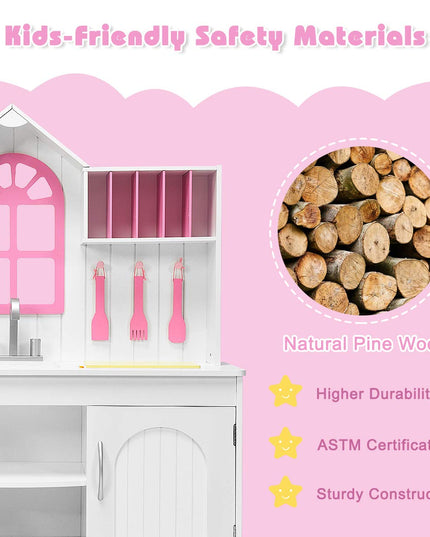 Giantex Wood Play Kitchen, Pink Kids Kitchen Playset for Toddlers