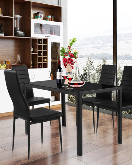 5 Piece Kitchen Dining Table Set with Glass Table Top Leather Padded 4 Chairs (Black) - Giantexus