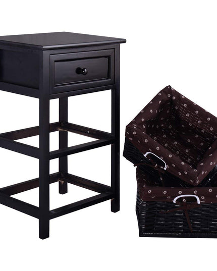 Giantex Wooden Nightstand 3 Tiers W/ 2 Baskets and 1 Drawer Bedside Sofa Storage Organizer