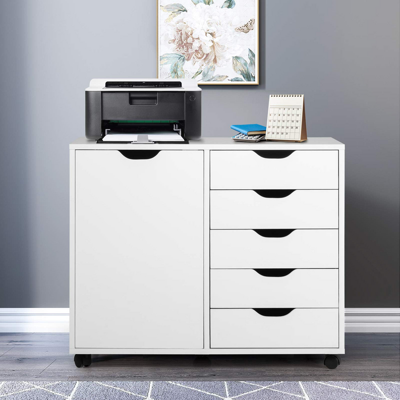 Giantex Drawers Cabinet Mobile Lateral Filing Organizer with 5 Drawers,1 Side Cabinet and Wheels Mobile Side Cabinet Chest
