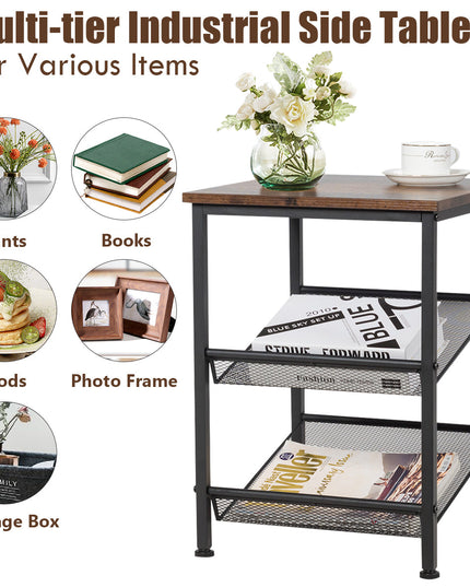 Giantex Stable Metal Frame Easy Assembly Accent Wood Look Printer Table Bedroom Nightstand(1,Black&Rustic Brown)