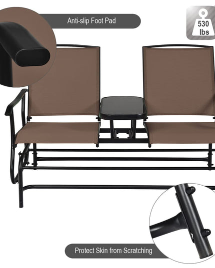 Giantex 2 Person Outdoor Double Glider Chair, Mesh Fabric Rocking Chair w/Center Tempered Glass Table