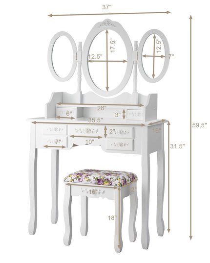 Vanity Set with Tri-Folding Mirror and Cushioned Stool - Giantex