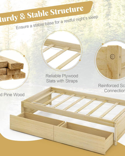 Giantex Twin Bed Frame with 2 Storage Drawers, Solid Wood Platform Bed with Slats Support