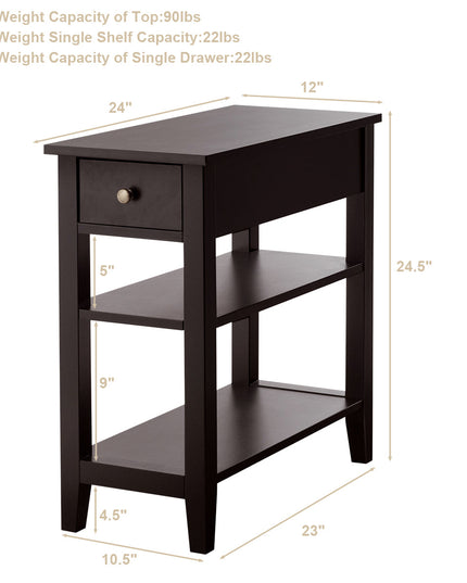 Giantex 3-Tier End Table with Drawer and Double Shelves Narrow Tiered Side Table for Bedroom