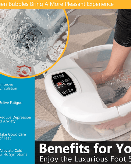Giantex Foot Spa Bath Massager with Heat Bubbles, 6 Motorized Massage Rollers, Fast Heating, Red Light, Adjustable Temperature & Time (Blue/White) - Giantexus