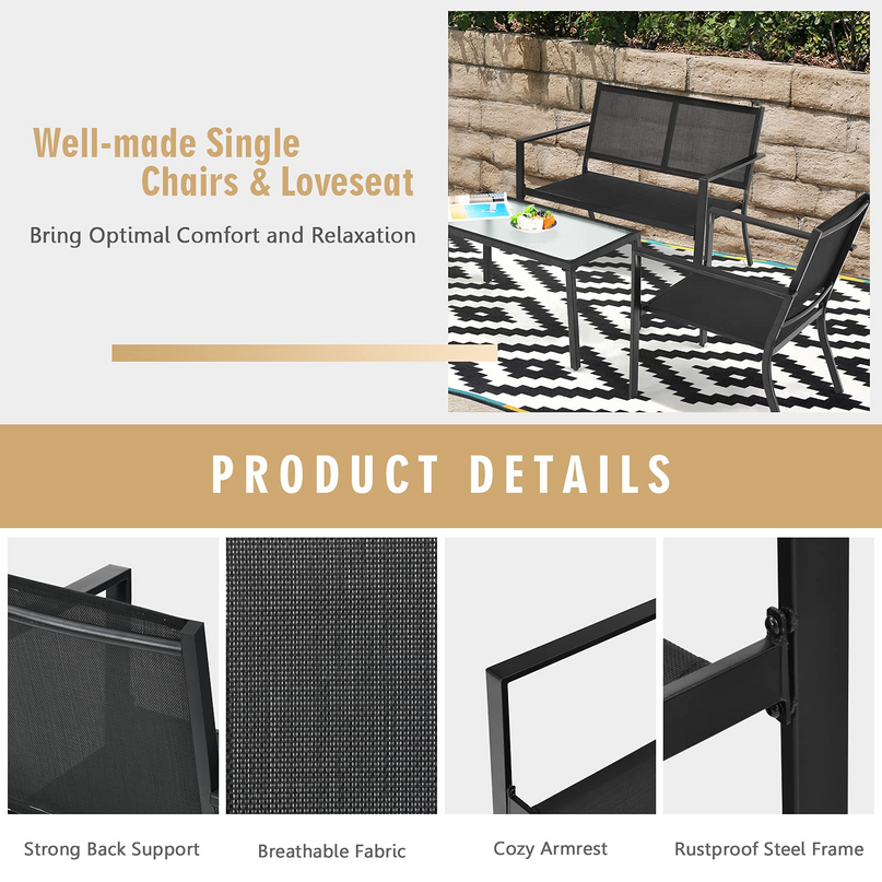 Giantex 4 Pieces Patio Furniture Set, Outdoor Conversation Set, Loveseat Bench with 2 Patio Chairs & Tempered Glass Coffee Table