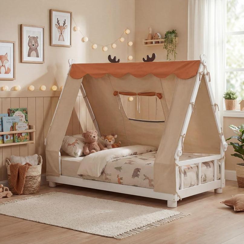 Giantex Twin Floor Bed for Kids, House Wood Bed Frame with Tent
