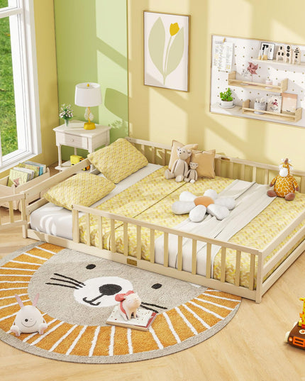 Giantex Floor Bed with Door & Fence Kids Wood Montessori Bed