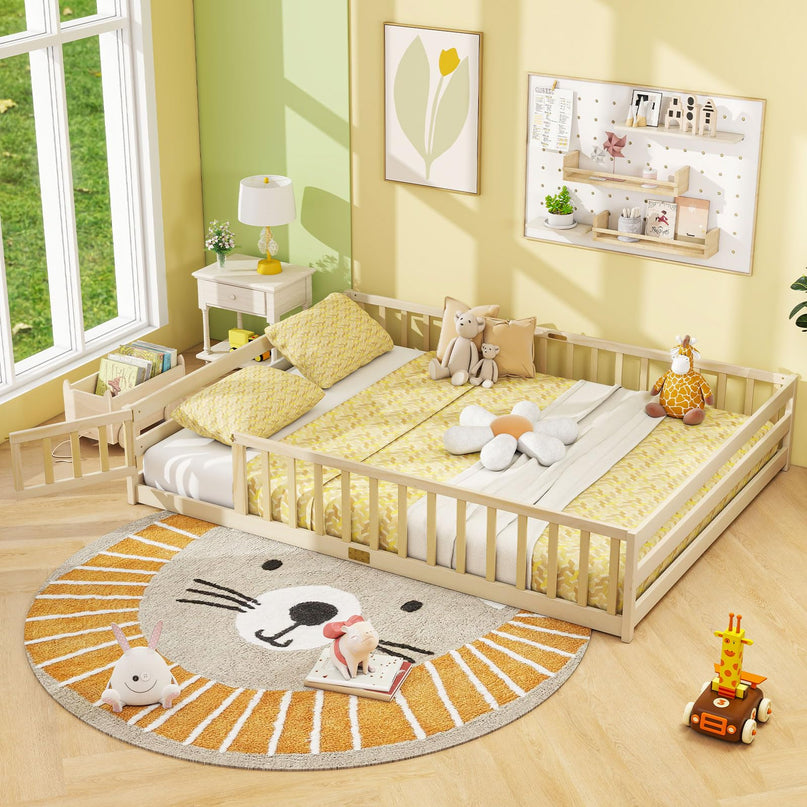 Giantex Floor Bed with Door & Fence Kids Wood Montessori Bed