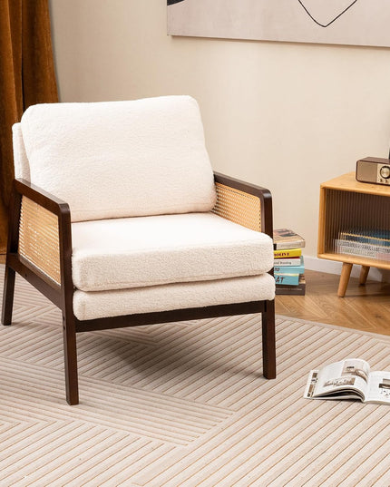 Giantex Mid Century Modern Accent Chair, Boho Boucle Living Room Arm Chair w/Rattan Arms