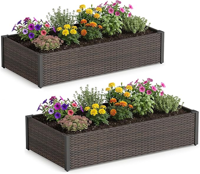 Giantex Raised Garden Bed, PE Rattan Elevated Planter Box with Open-Ended Base