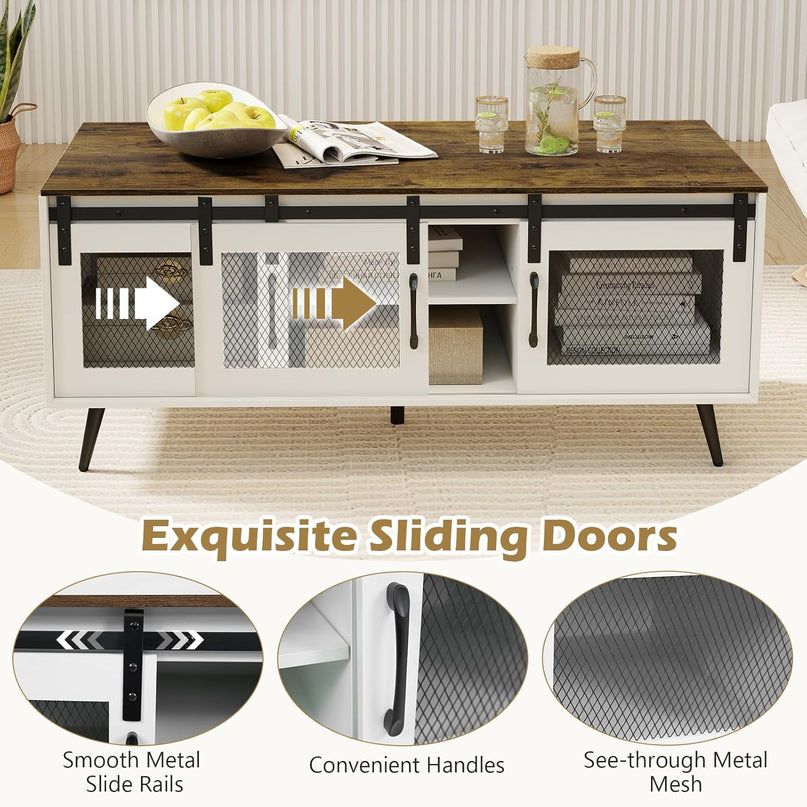 Giantex 48" Farmhouse Coffee Table with Sliding Doors