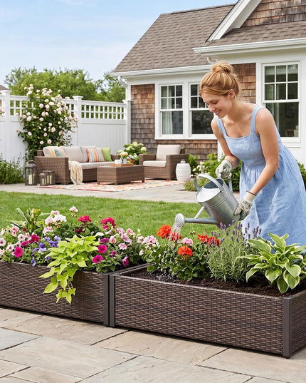 Giantex Raised Garden Bed, PE Rattan Elevated Planter Box with Open-Ended Base